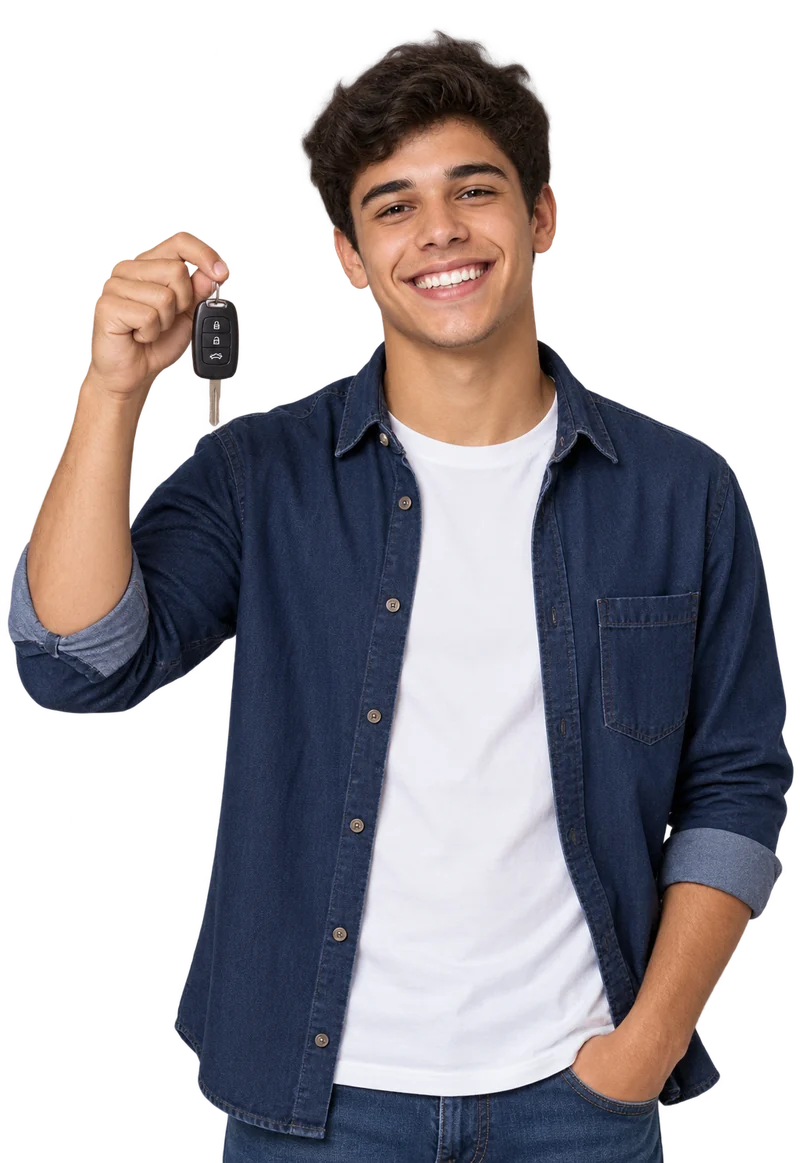 Aluno com a chave do carro